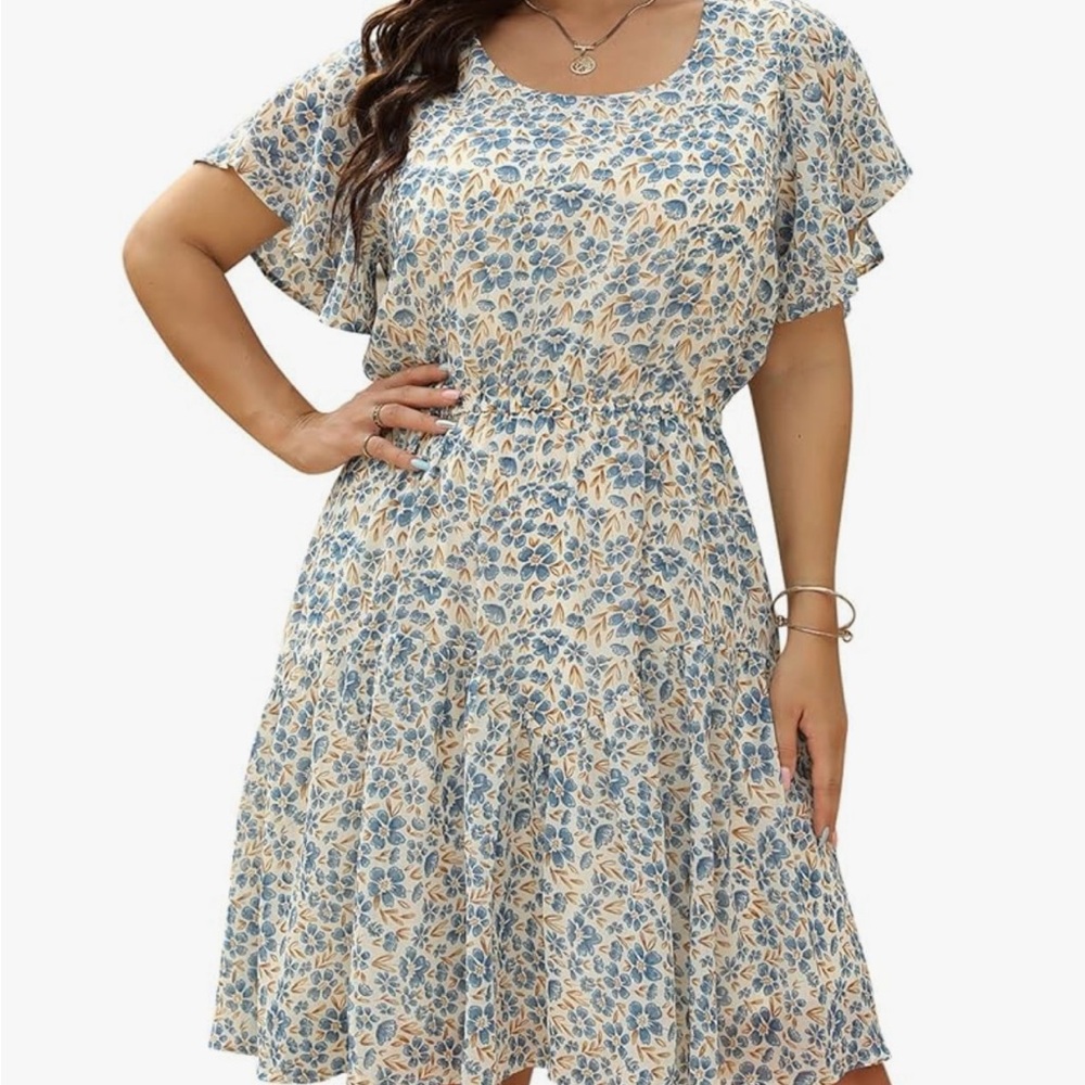 Plus Size Floral A-line Dress with flutter sleeves, size 16